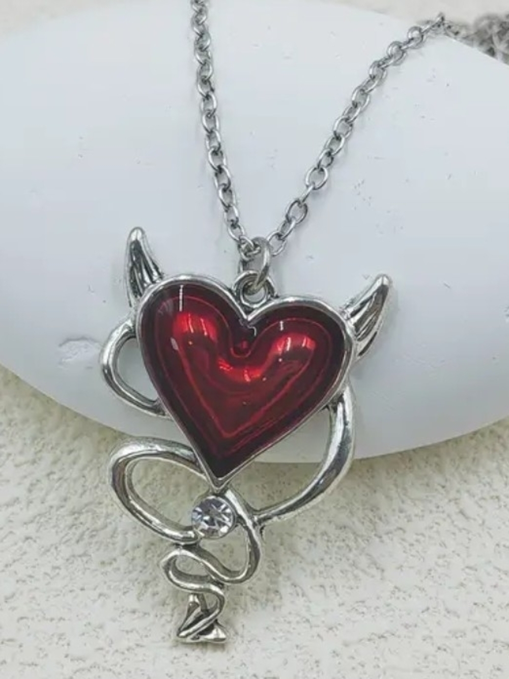 Silver-tone Red Heart Devil Pendant Necklace - Women Jewelry